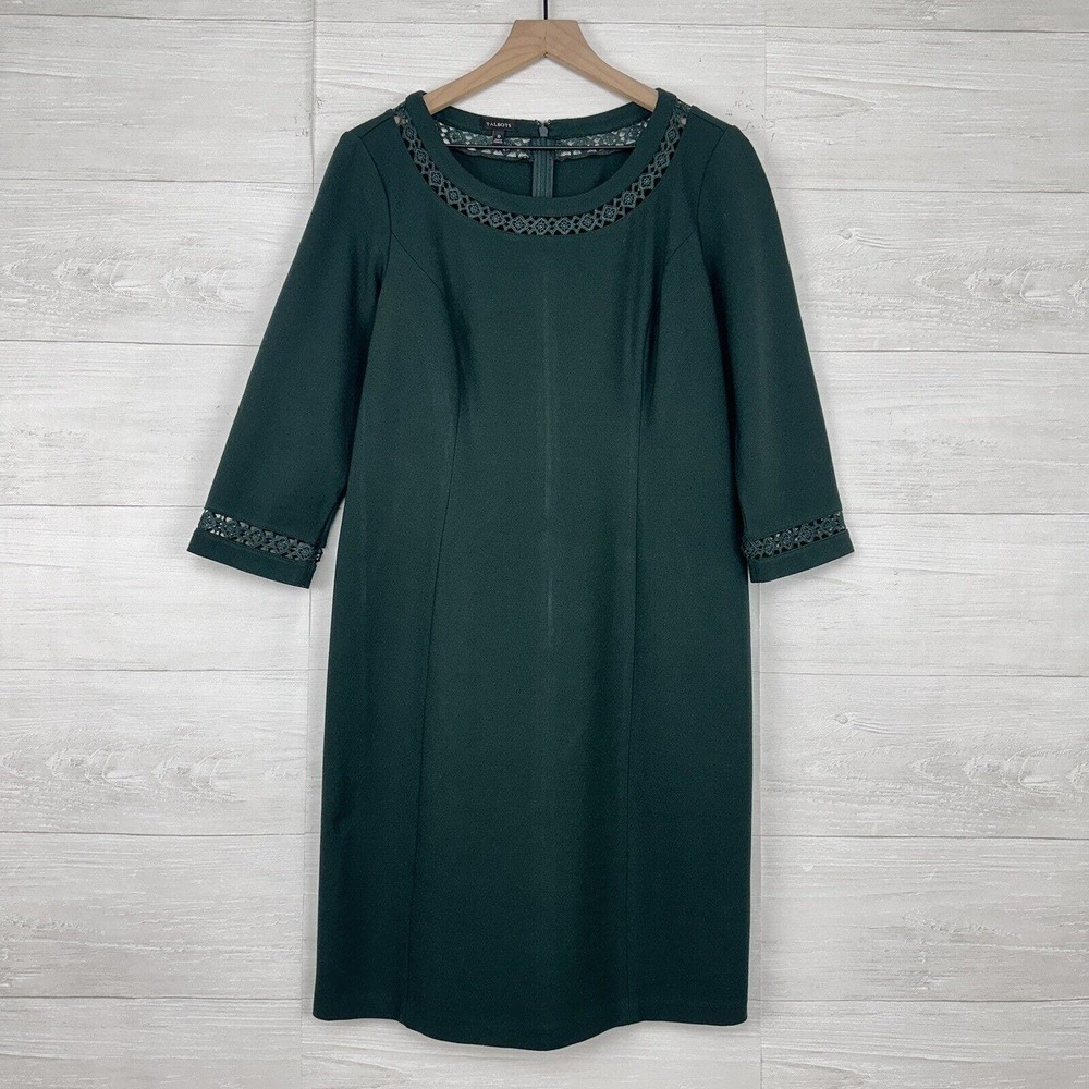 Talbots Sheath Dress Women Size 10 Green Crochet Neck 3/4 Sleeves Stretch